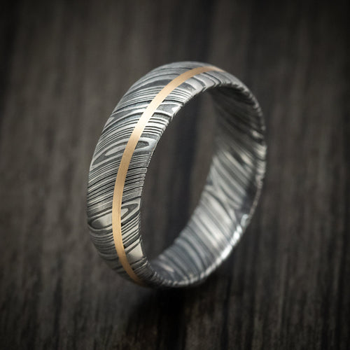 North XII - Woodgrain Kuro Damascus Steel Men's Ring And 14k Gold Wedding Ring Genuine Craftsmanship - view 4 - Nura Lab