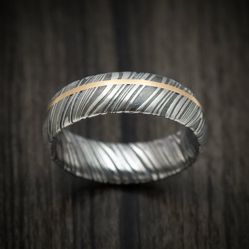 North XII - Woodgrain Kuro Damascus Steel Men's Ring And 14k Gold Wedding Ring Genuine Craftsmanship - view 2 - Nura Lab