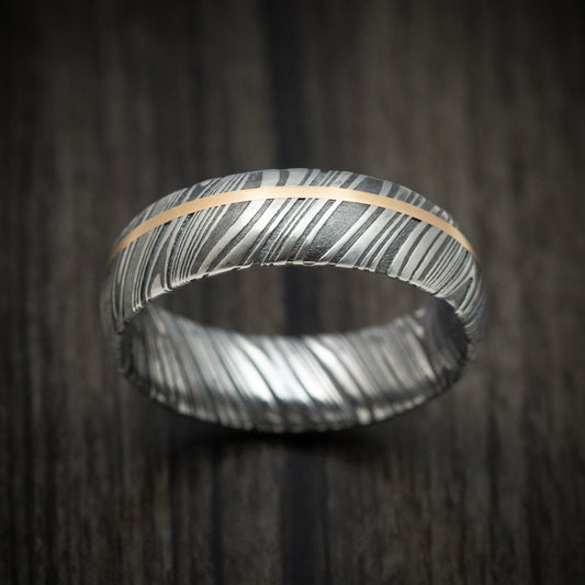 North XII - Woodgrain Kuro Damascus Steel Men's Ring And 14k Gold Wedding Ring Genuine Craftsmanship - view 2 - Nura Lab