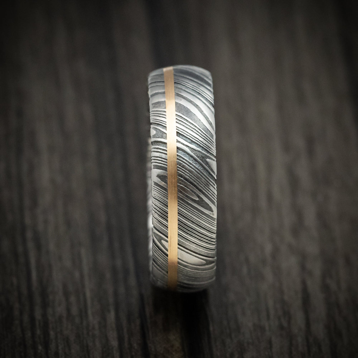 North XII - Woodgrain Kuro Damascus Steel Men's Ring And 14k Gold Wedding Ring Genuine Craftsmanship - view 3 - Nura Lab