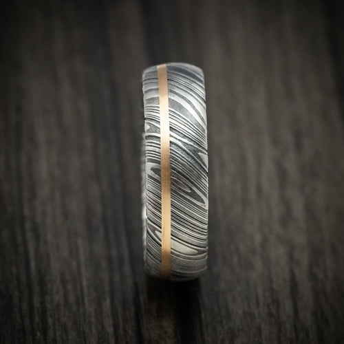 North XII - Woodgrain Kuro Damascus Steel Men's Ring And 14k Gold Wedding Ring Genuine Craftsmanship - view 3 - Nura Lab