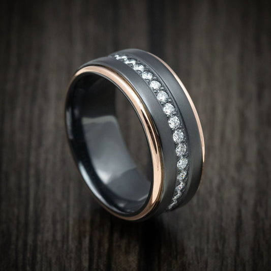 Mariner XVII - Black Zirconium and Half Eternity Diamond Men's Wedding Ring with Gold Inlays Band - Nura Lab