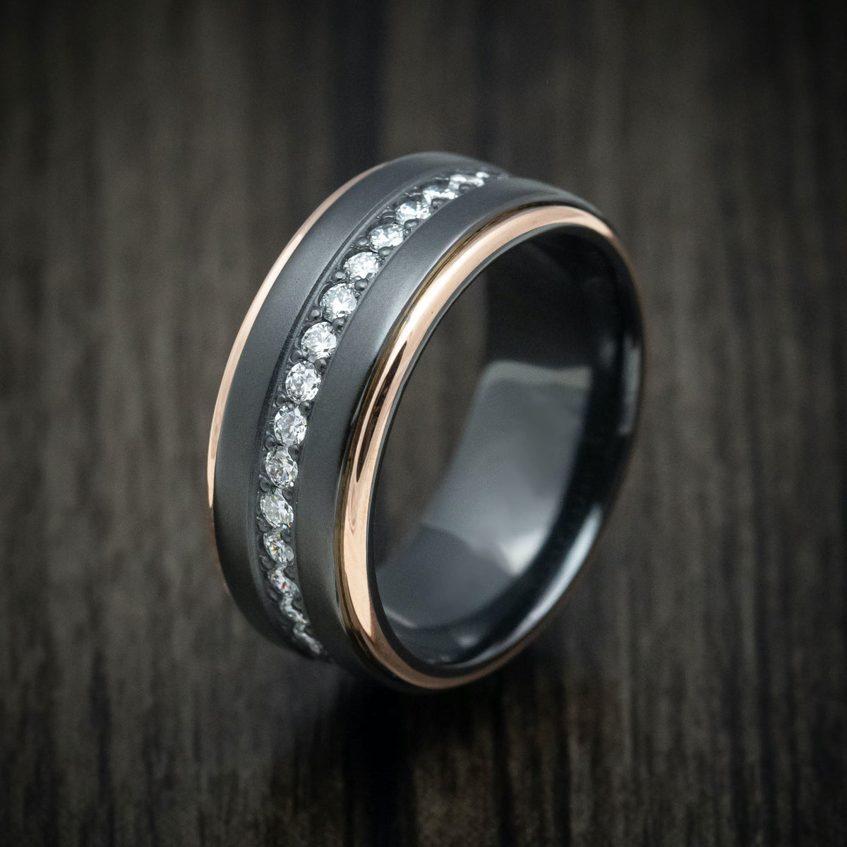 Mariner XVII - Black Zirconium and Half Eternity Diamond Men's Wedding Ring with Gold Inlays Band - view 4 - Nura Lab