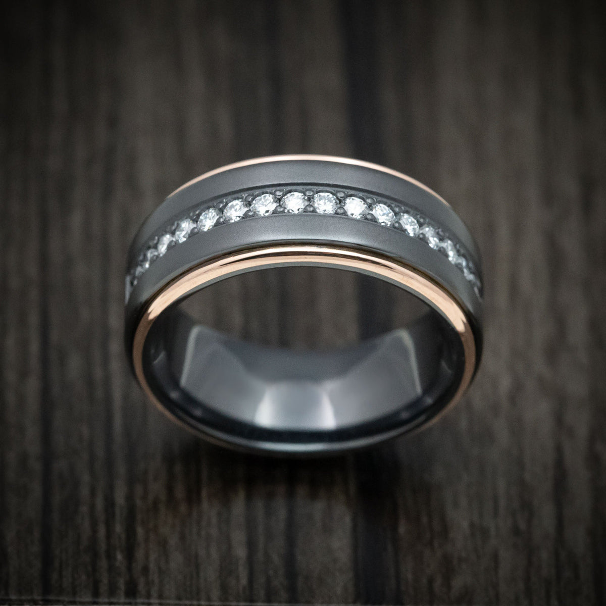 Mariner XVII - Black Zirconium and Half Eternity Diamond Men's Wedding Ring with Gold Inlays Band - view 2 - Nura Lab