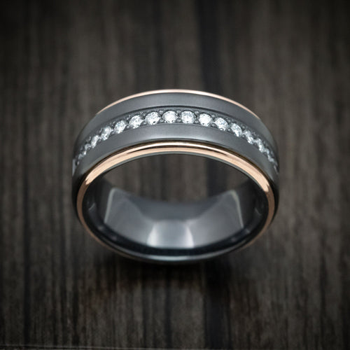 Mariner XVII - Black Zirconium and Half Eternity Diamond Men's Wedding Ring with Gold Inlays Band - view 2 - Nura Lab