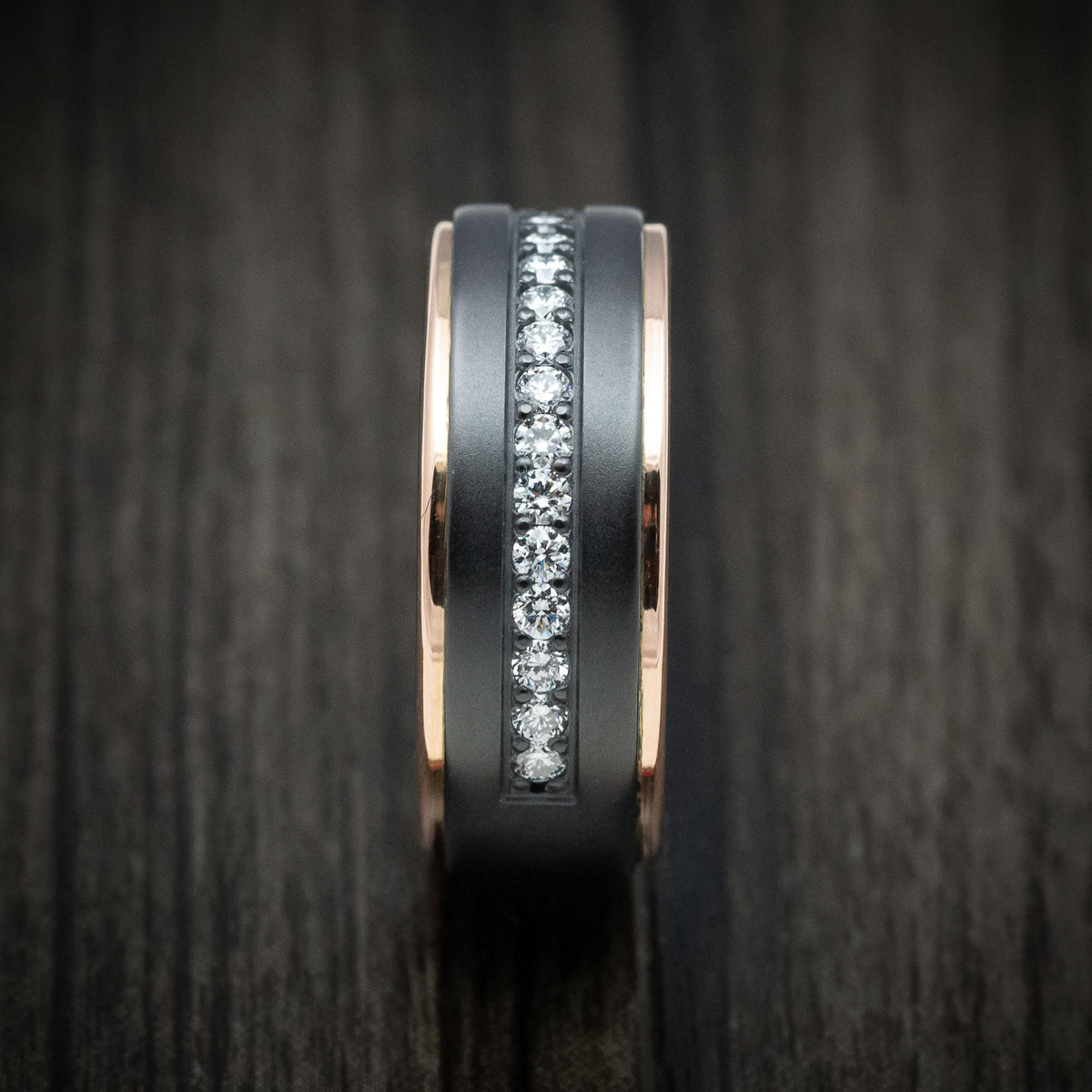 Mariner XVII - Black Zirconium and Half Eternity Diamond Men's Wedding Ring with Gold Inlays Band - view 3 - Nura Lab