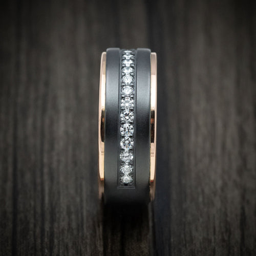 Mariner XVII - Black Zirconium and Half Eternity Diamond Men's Wedding Ring with Gold Inlays Band - view 3 - Nura Lab
