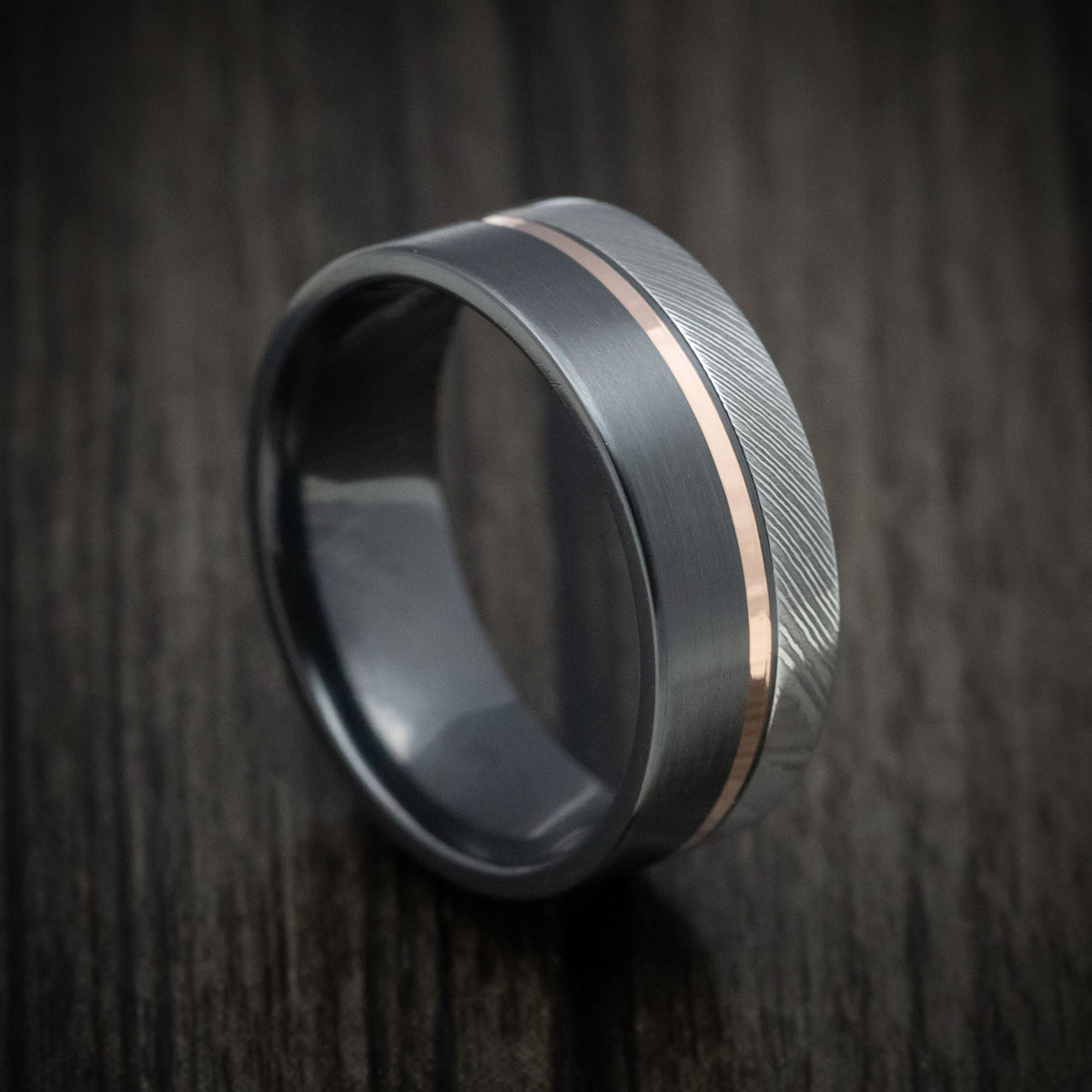 Obsidian X - Black Zirconium Men's Wedding Ring with Damascus Steel and 14K Gold Inlay Band - Nura Lab