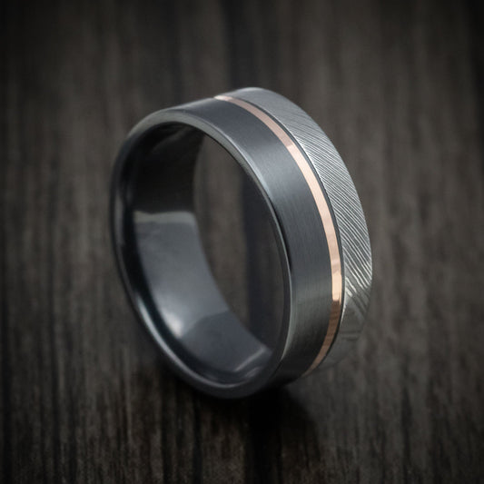 Obsidian X - Black Zirconium Men's Wedding Ring with Damascus Steel and 14K Gold Inlay Band - Nura Lab