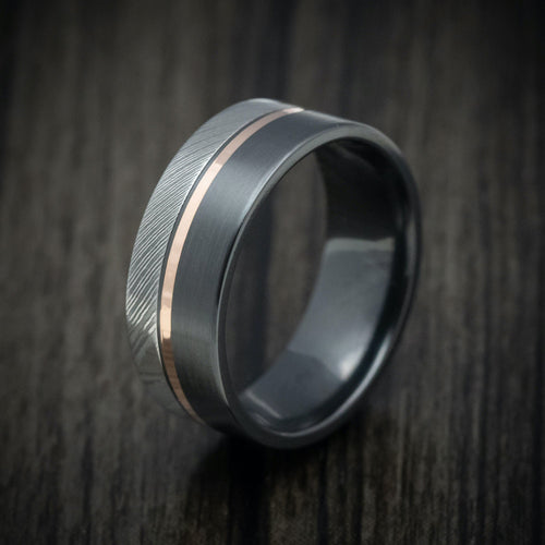 Obsidian X - Black Zirconium Men's Wedding Ring with Damascus Steel and 14K Gold Inlay Band - view 4 - Nura Lab