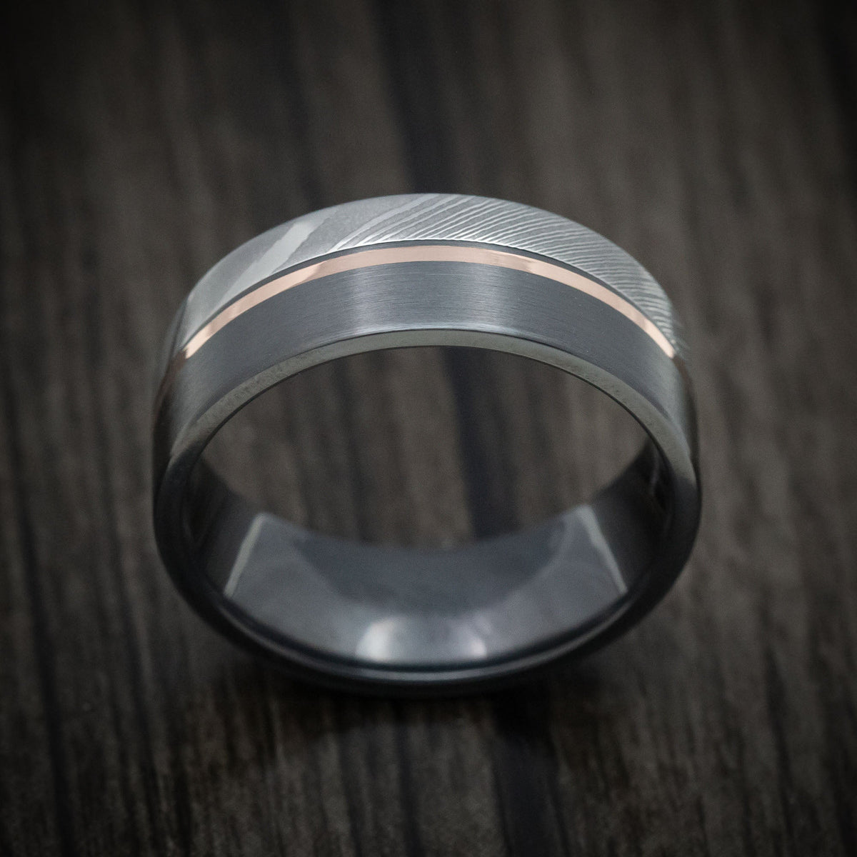 Obsidian X - Black Zirconium Men's Wedding Ring with Damascus Steel and 14K Gold Inlay Band - view 2 - Nura Lab