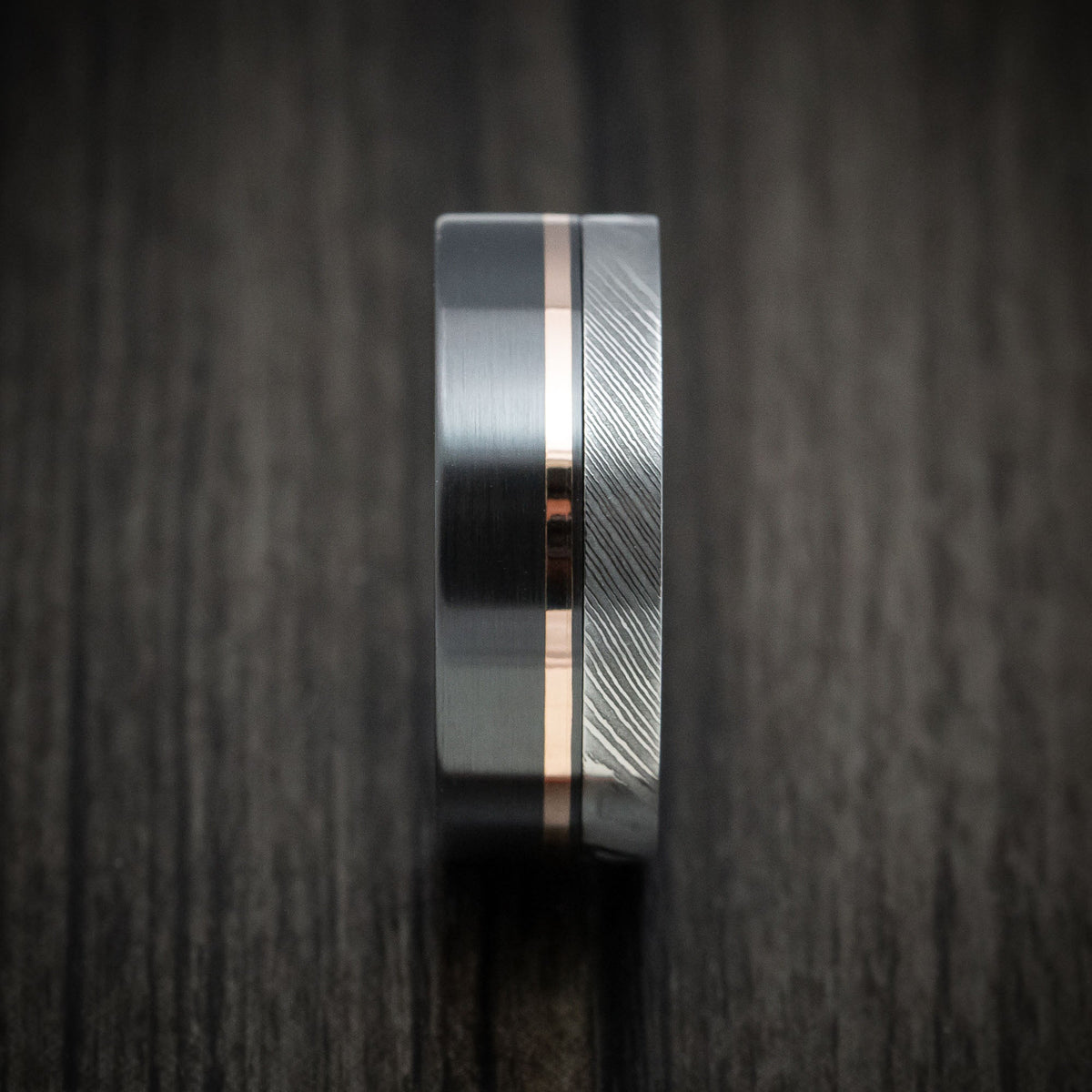 Obsidian X - Black Zirconium Men's Wedding Ring with Damascus Steel and 14K Gold Inlay Band - view 3 - Nura Lab