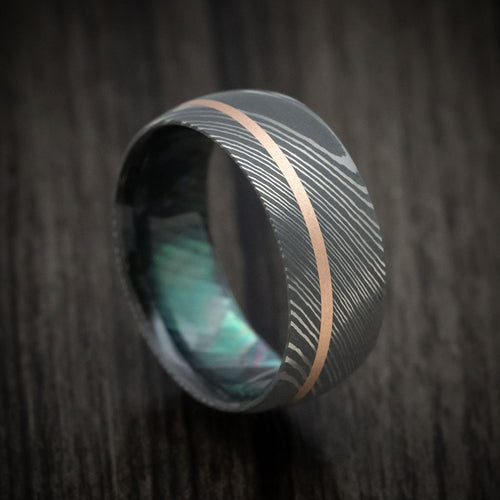 Vanguard X - Damascus Steel and Black Mother of Pearl Men's Wedding Ring with 14K Gold Inlay - Nura Lab