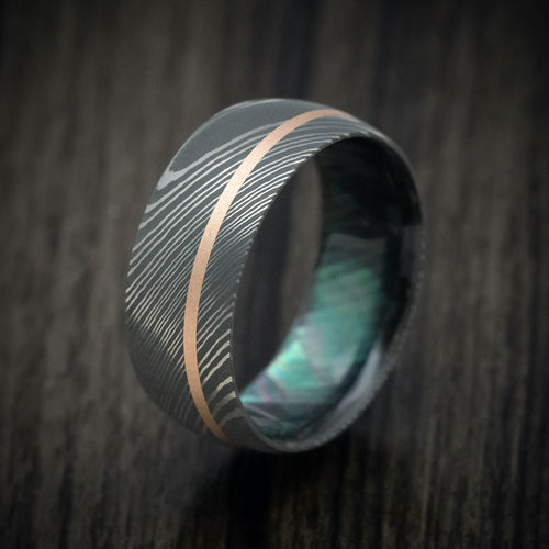 Vanguard X - Damascus Steel and Black Mother of Pearl Men's Wedding Ring with 14K Gold Inlay - view 4 - Nura Lab