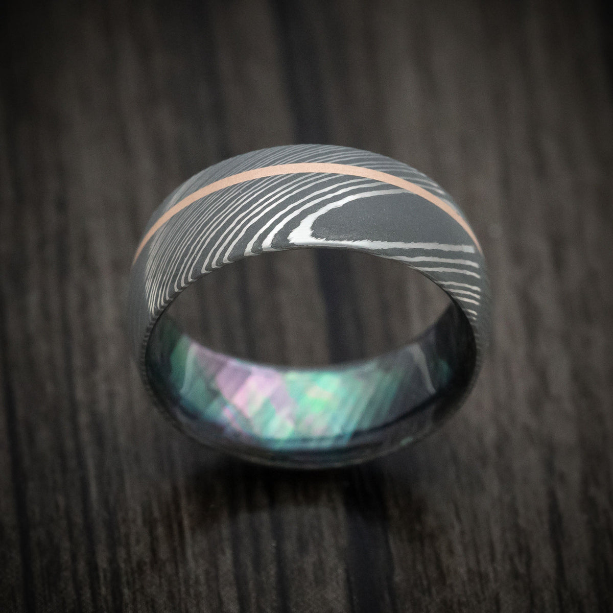 Vanguard X - Damascus Steel and Black Mother of Pearl Men's Wedding Ring with 14K Gold Inlay - view 2 - Nura Lab