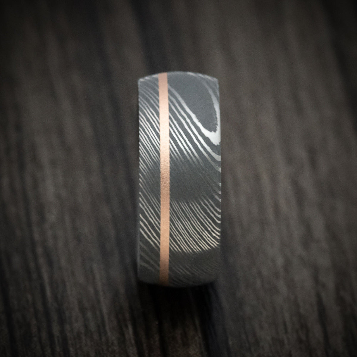 Vanguard X - Damascus Steel and Black Mother of Pearl Men's Wedding Ring with 14K Gold Inlay - view 3 - Nura Lab