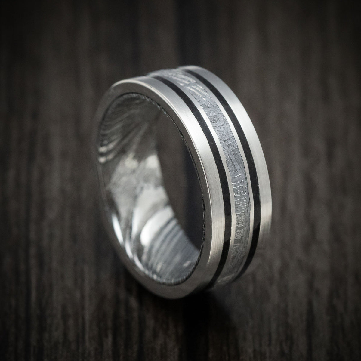 Equinox IX - Platinum Men's Wedding Ring with Meteorite and Dinosaur Bone Inlays and Woodgrain Kuro Damascus Steel Sleeve - Nura Lab