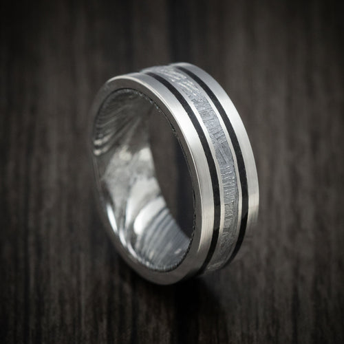 Equinox IX - Platinum Men's Wedding Ring with Meteorite and Dinosaur Bone Inlays and Woodgrain Kuro Damascus Steel Sleeve - Nura Lab