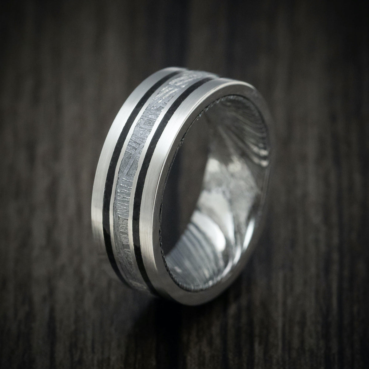 Equinox IX - Platinum Men's Wedding Ring with Meteorite and Dinosaur Bone Inlays and Woodgrain Kuro Damascus Steel Sleeve - view 4 - Nura Lab