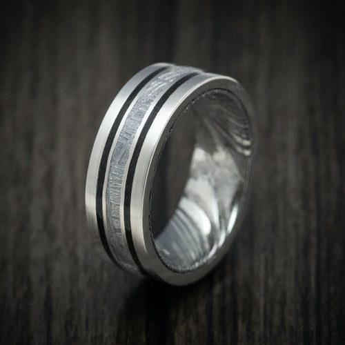 Equinox IX - Platinum Men's Wedding Ring with Meteorite and Dinosaur Bone Inlays and Woodgrain Kuro Damascus Steel Sleeve - view 4 - Nura Lab