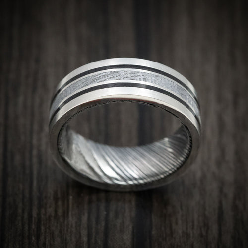 Equinox IX - Platinum Men's Wedding Ring with Meteorite and Dinosaur Bone Inlays and Woodgrain Kuro Damascus Steel Sleeve - view 2 - Nura Lab