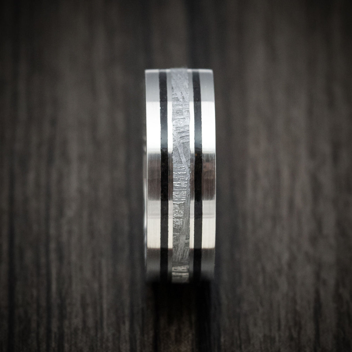 Equinox IX - Platinum Men's Wedding Ring with Meteorite and Dinosaur Bone Inlays and Woodgrain Kuro Damascus Steel Sleeve - view 3 - Nura Lab