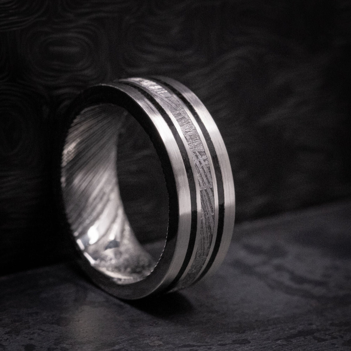 Equinox IX - Platinum Men's Wedding Ring with Meteorite and Dinosaur Bone Inlays and Woodgrain Kuro Damascus Steel Sleeve - view 5 - Nura Lab