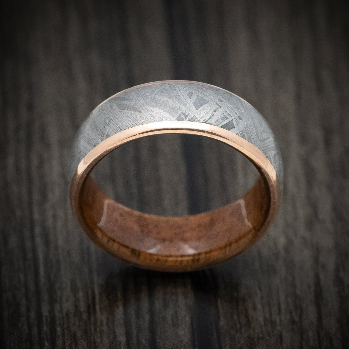 Steel XII - 14K Gold Men's Wedding Ring with Meteorite Inlay and Wood Sleeve - view 2 - Nura Lab