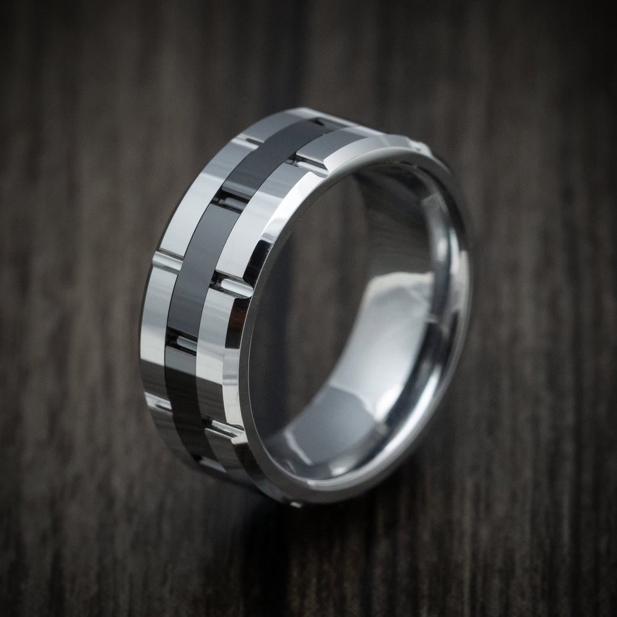 Overlander XV - Tungsten Two-Tone Grooved Men's Ring or Wedding Ring - view 4 - Nura Lab