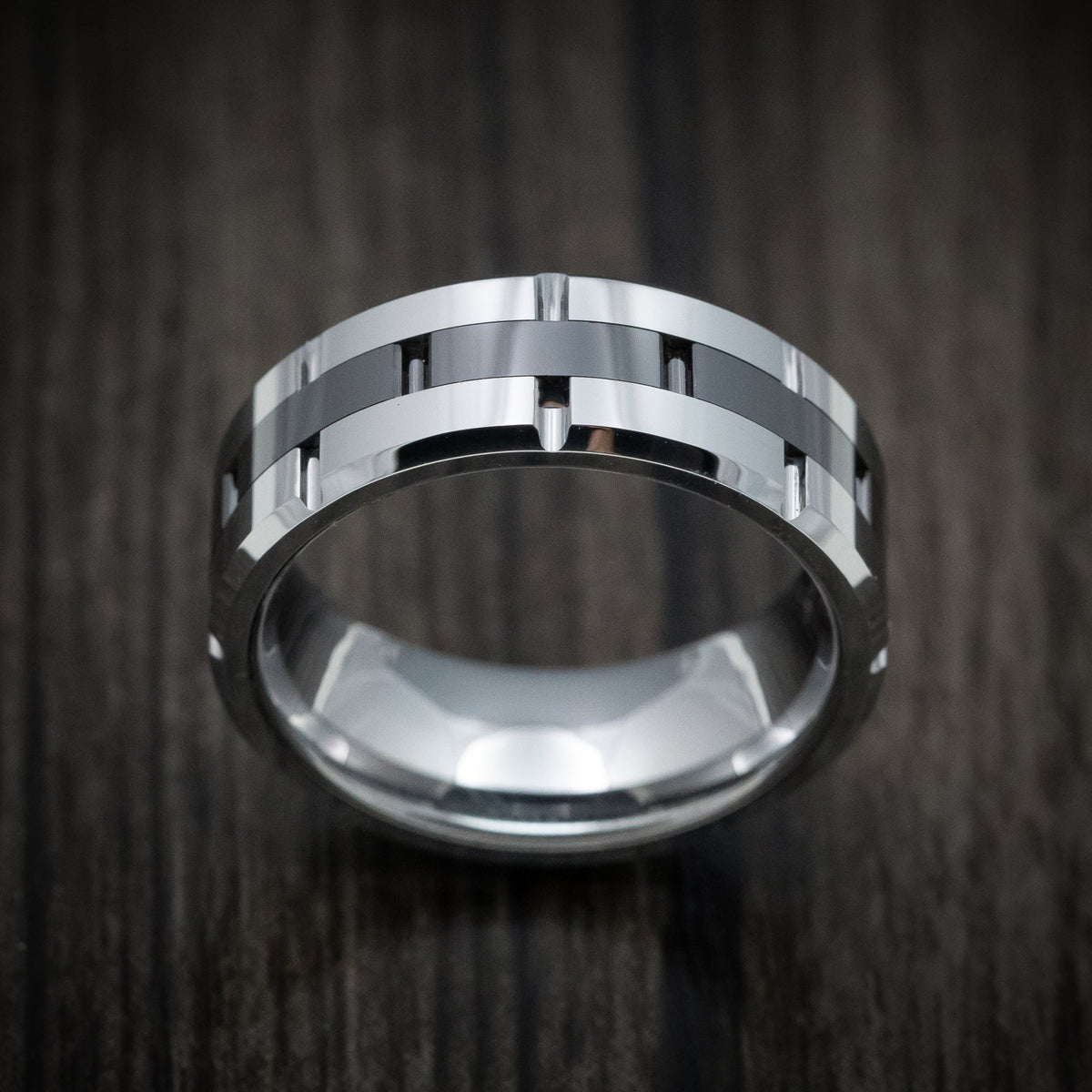 Overlander XV - Tungsten Two-Tone Grooved Men's Ring or Wedding Ring - view 2 - Nura Lab