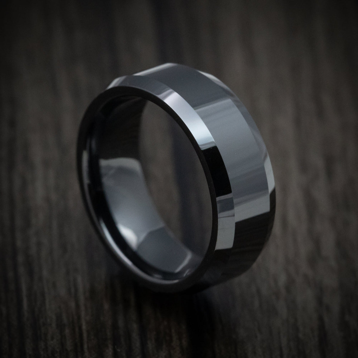 Storm XVII - Black Ceramic Classic Style Beveled Men's Wedding Ring - Nura Lab
