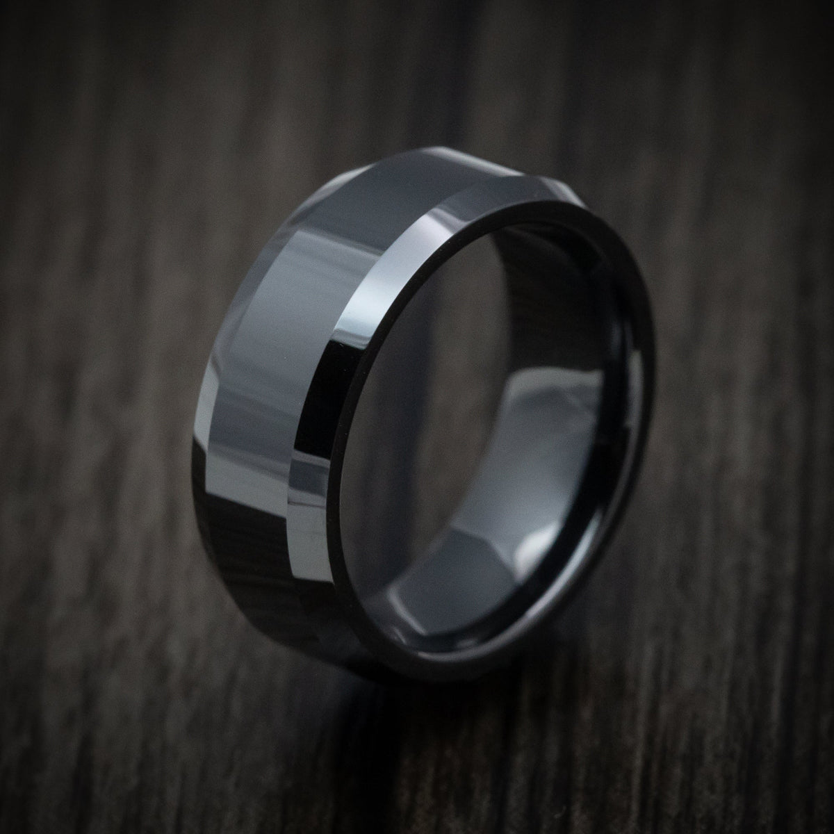 Storm XVII - Black Ceramic Classic Style Beveled Men's Wedding Ring - view 4 - Nura Lab