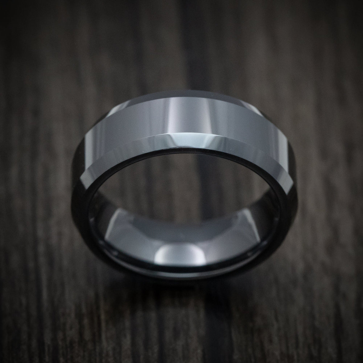 Storm XVII - Black Ceramic Classic Style Beveled Men's Wedding Ring - view 2 - Nura Lab