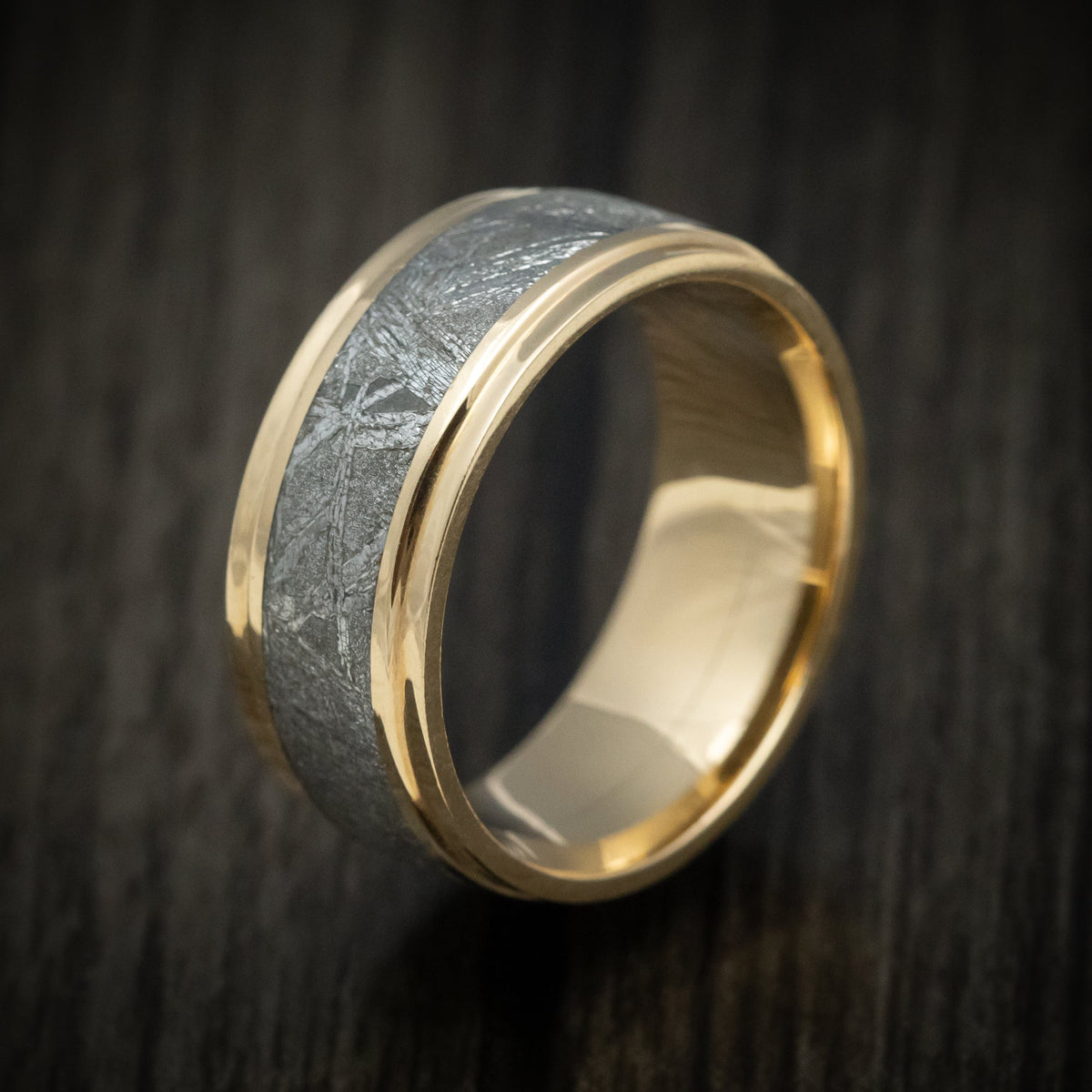 Granite XVII - Yellow Gold Men's Wedding Ring with Gibeon Meteorite Inlay - view 4 - Nura Lab
