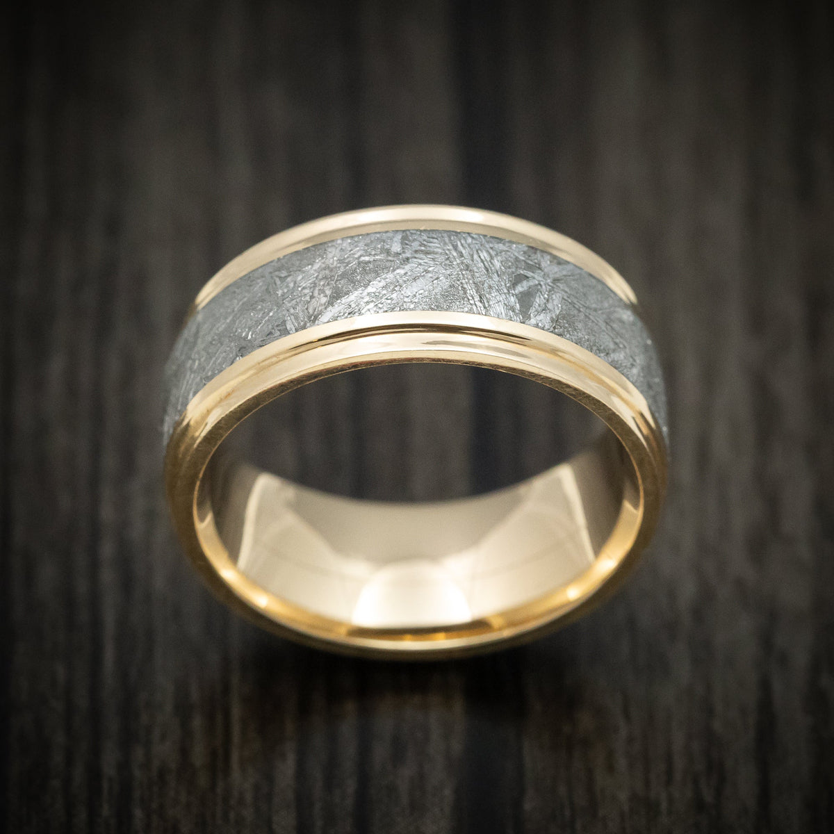 Granite XVII - Yellow Gold Men's Wedding Ring with Gibeon Meteorite Inlay - view 2 - Nura Lab