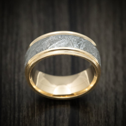 Granite XVII - Yellow Gold Men's Wedding Ring with Gibeon Meteorite Inlay - view 2 - Nura Lab