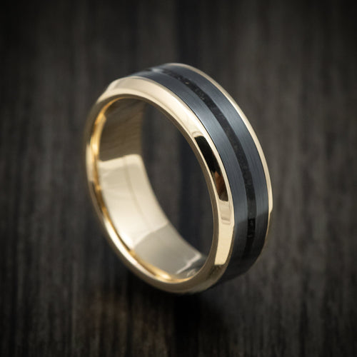 Admiral XVI - Yellow Gold Men's Wedding Ring with Zirconium and Dinosaur Bone Inlays Band - Nura Lab