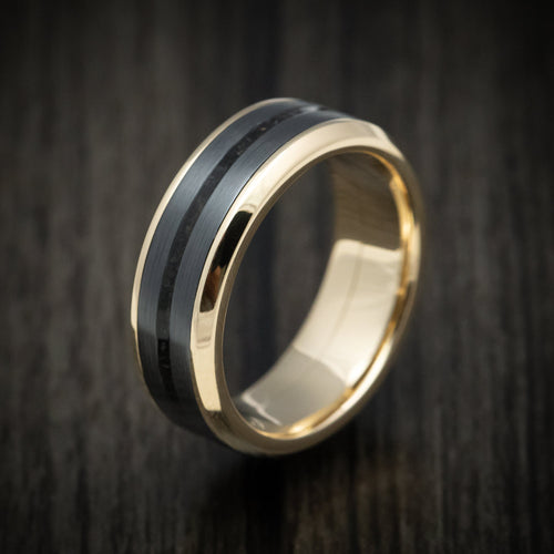 Admiral XVI - Yellow Gold Men's Wedding Ring with Zirconium and Dinosaur Bone Inlays Band - view 4 - Nura Lab