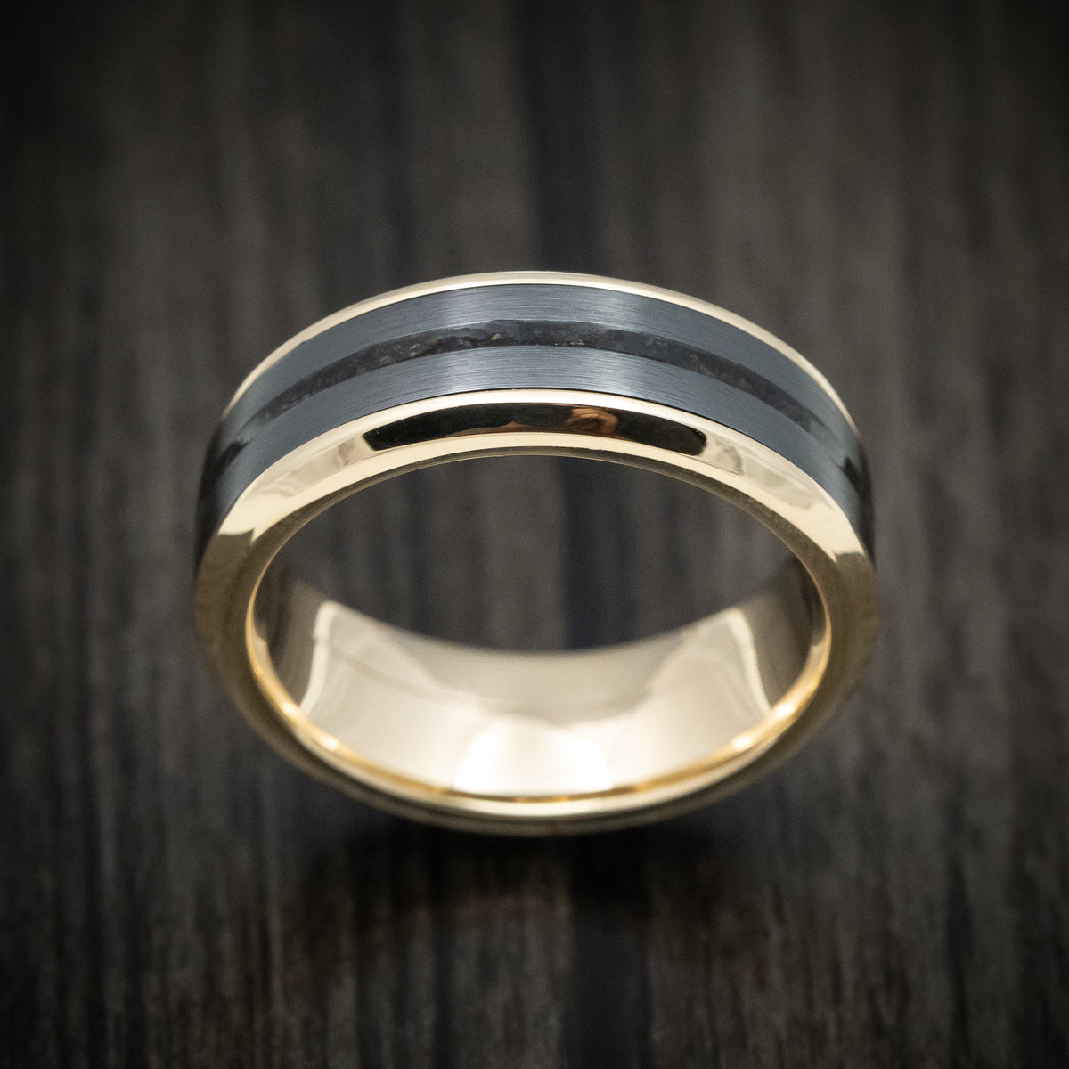 Admiral XVI - Yellow Gold Men's Wedding Ring with Zirconium and Dinosaur Bone Inlays Band - view 2 - Nura Lab