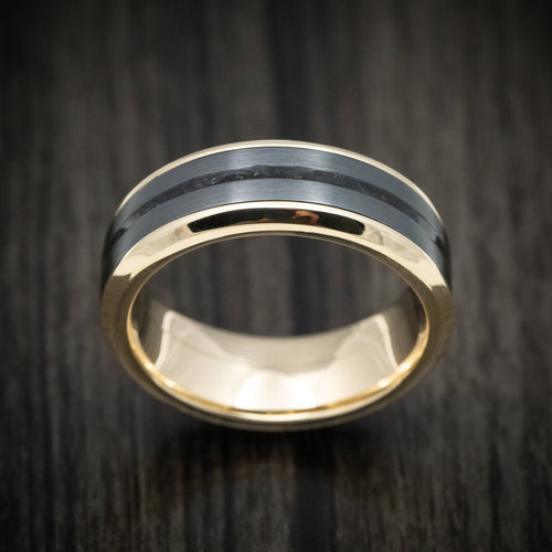 Admiral XVI - Yellow Gold Men's Wedding Ring with Zirconium and Dinosaur Bone Inlays Band - view 2 - Nura Lab