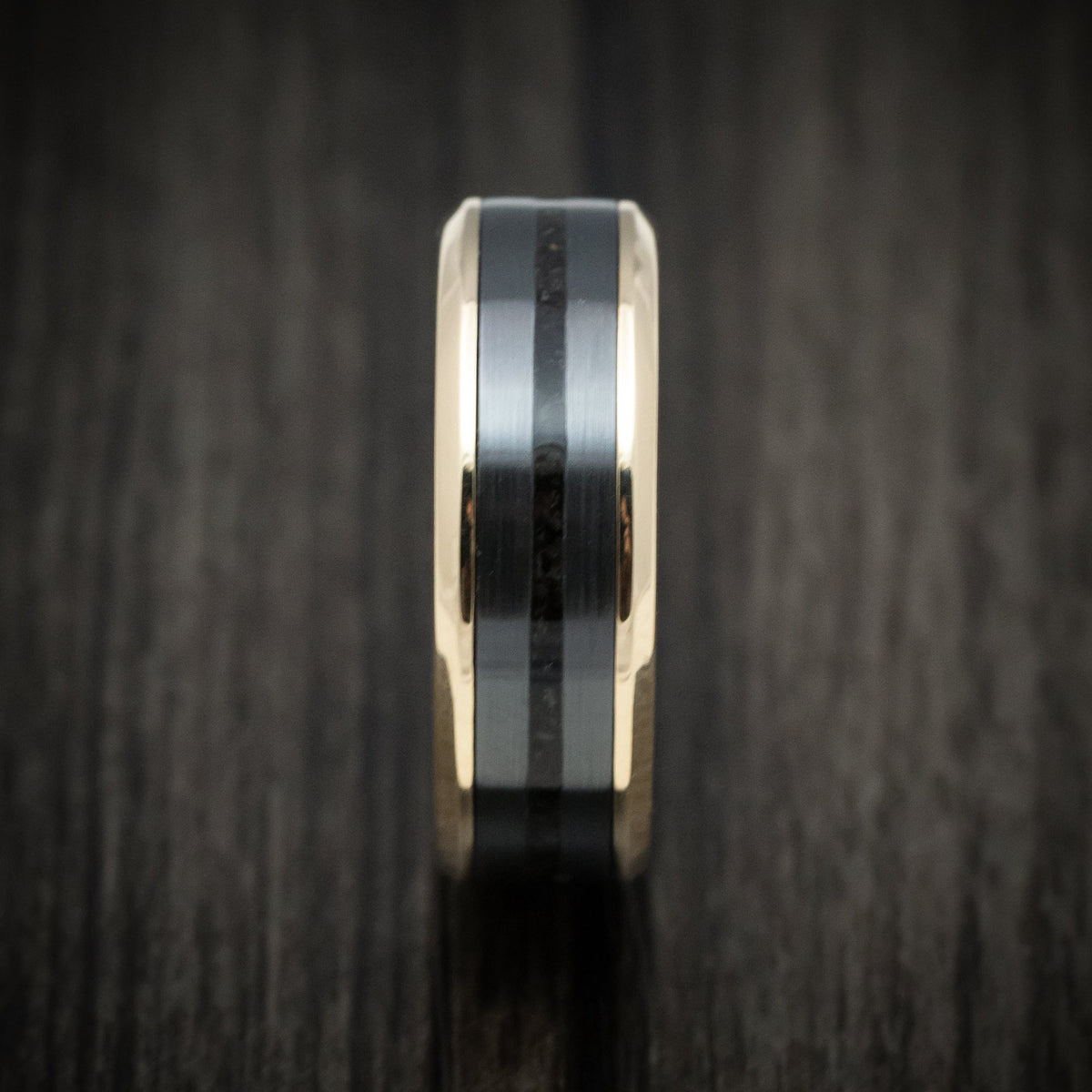 Admiral XVI - Yellow Gold Men's Wedding Ring with Zirconium and Dinosaur Bone Inlays Band - view 3 - Nura Lab
