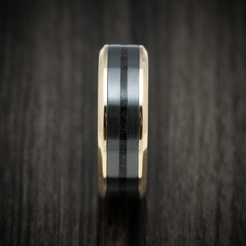 Admiral XVI - Yellow Gold Men's Wedding Ring with Zirconium and Dinosaur Bone Inlays Band - view 3 - Nura Lab