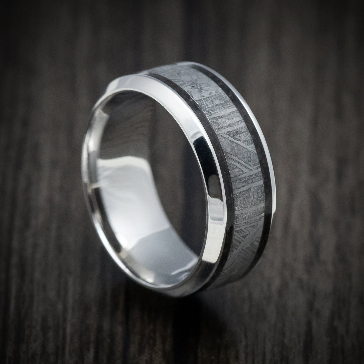 Dusk XVI - Cobalt Chrome Men's Wedding Ring with Dinosaur Bone and Meteorite Inlays Band - Nura Lab