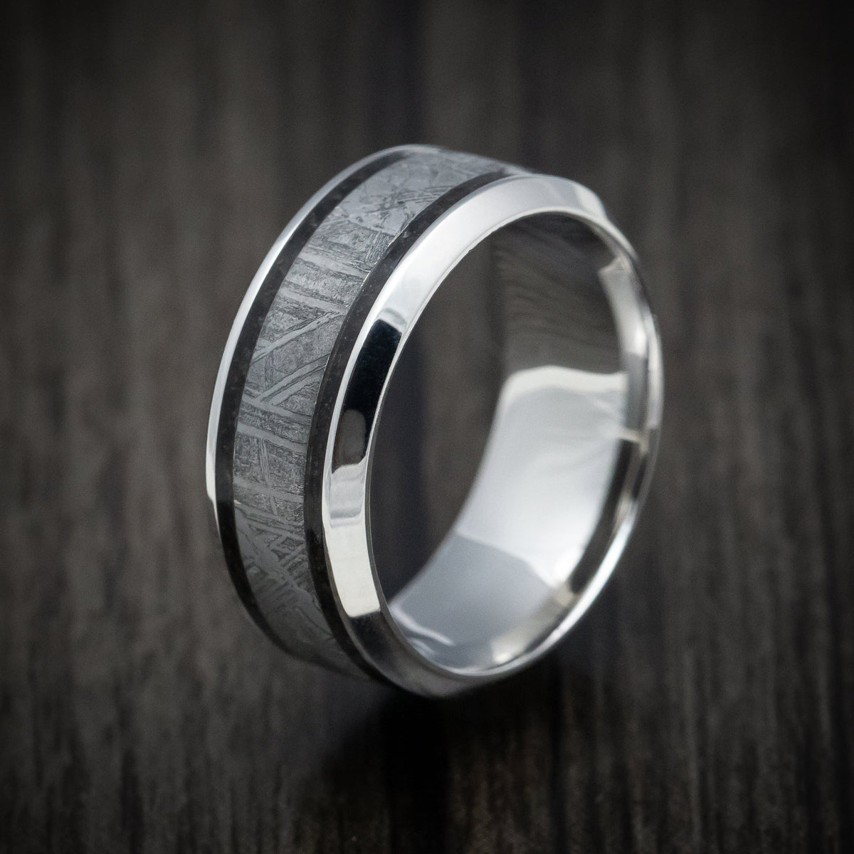 Dusk XVI - Cobalt Chrome Men's Wedding Ring with Dinosaur Bone and Meteorite Inlays Band - view 4 - Nura Lab