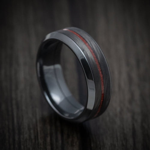 Ridge XV - Black Zirconium Men's Wedding Ring with Forged Carbon Fiber and Coral Inlays Band - Nura Lab