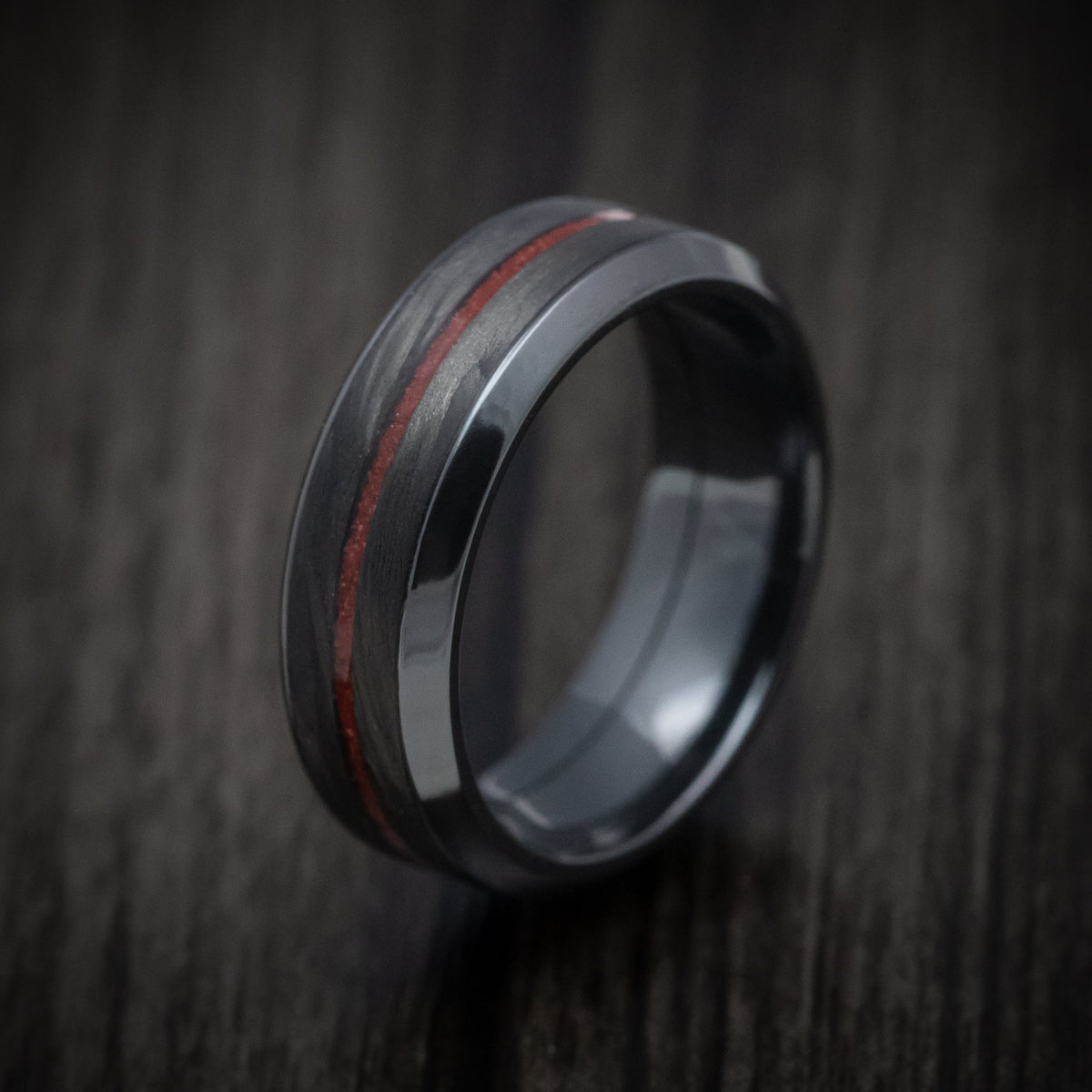 Ridge XV - Black Zirconium Men's Wedding Ring with Forged Carbon Fiber and Coral Inlays Band - view 4 - Nura Lab