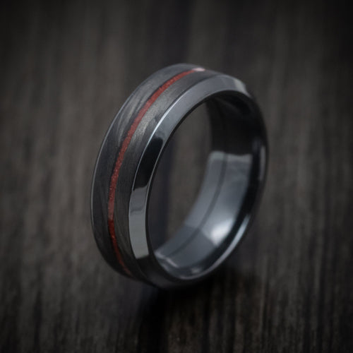 Ridge XV - Black Zirconium Men's Wedding Ring with Forged Carbon Fiber and Coral Inlays Band - view 4 - Nura Lab