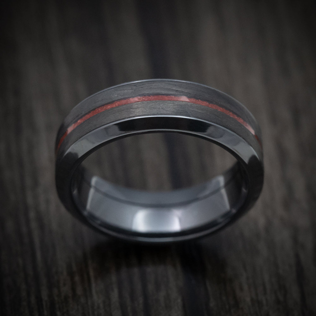 Ridge XV - Black Zirconium Men's Wedding Ring with Forged Carbon Fiber and Coral Inlays Band - view 2 - Nura Lab