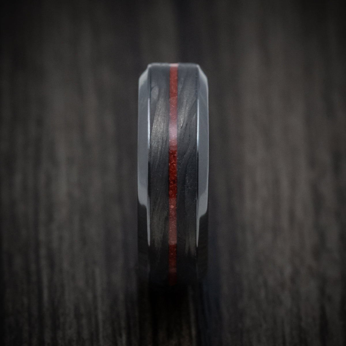 Ridge XV - Black Zirconium Men's Wedding Ring with Forged Carbon Fiber and Coral Inlays Band - view 3 - Nura Lab