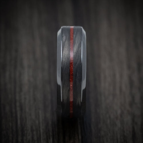 Ridge XV - Black Zirconium Men's Wedding Ring with Forged Carbon Fiber and Coral Inlays Band - view 3 - Nura Lab
